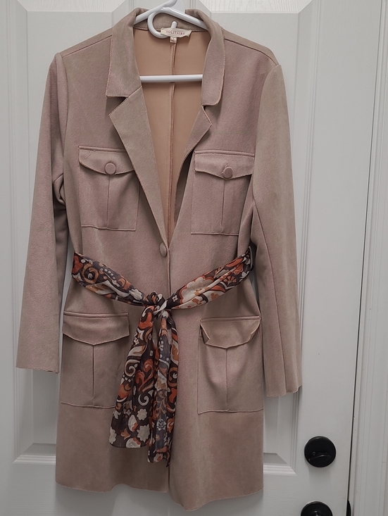 Solitaire Jackets & Blazers - Solitaire Beige Long Blazer with Printed Sash